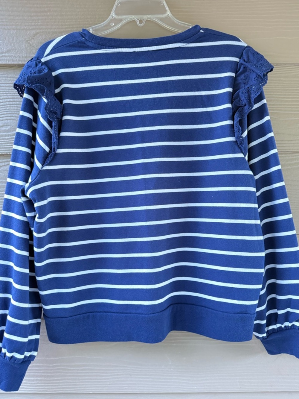 J.Crew Factory Women's White Navy Stripe Ruffle Lace Sleeve Sweatshirt Size XL - Picture 7 of 12